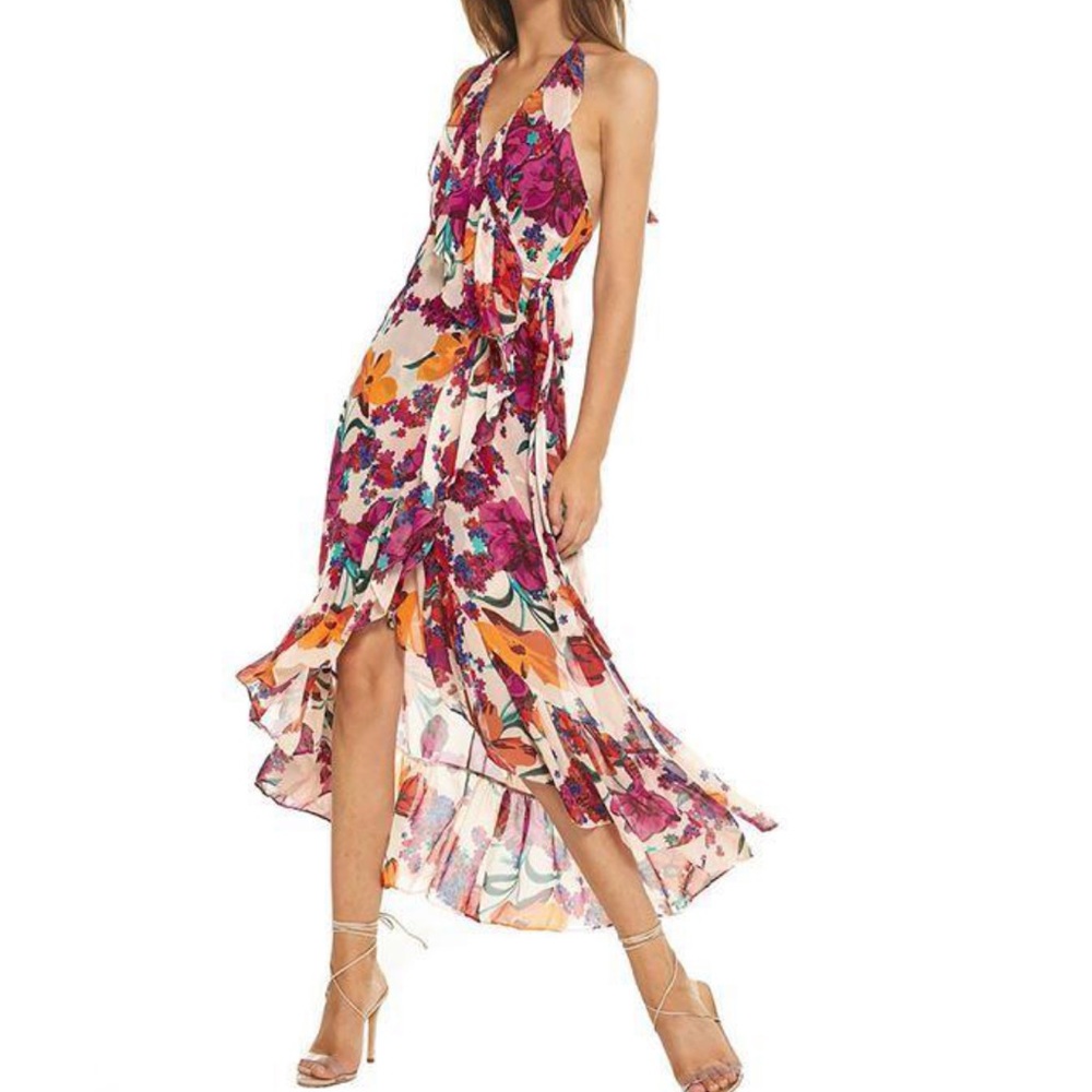 MISA Melany ruffle cascade halter dress NWT